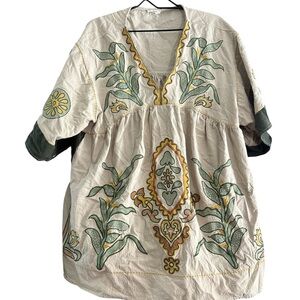 Sunday Cream Tunic with Green and Gold Embroidery